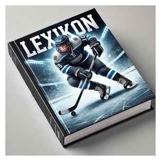 En bild på en bok med en ishockeyspelare på omslaget. Boktiteln är Lexikon.
