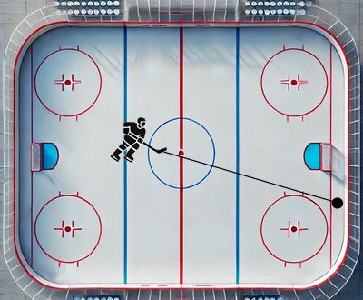 Bilden illustrerar icing i ishockey. I bilden syns en ishockeyrink där en hockey-spelare skjuter pucken från ena planhalvan ner bakom motståndarnas mållinje.